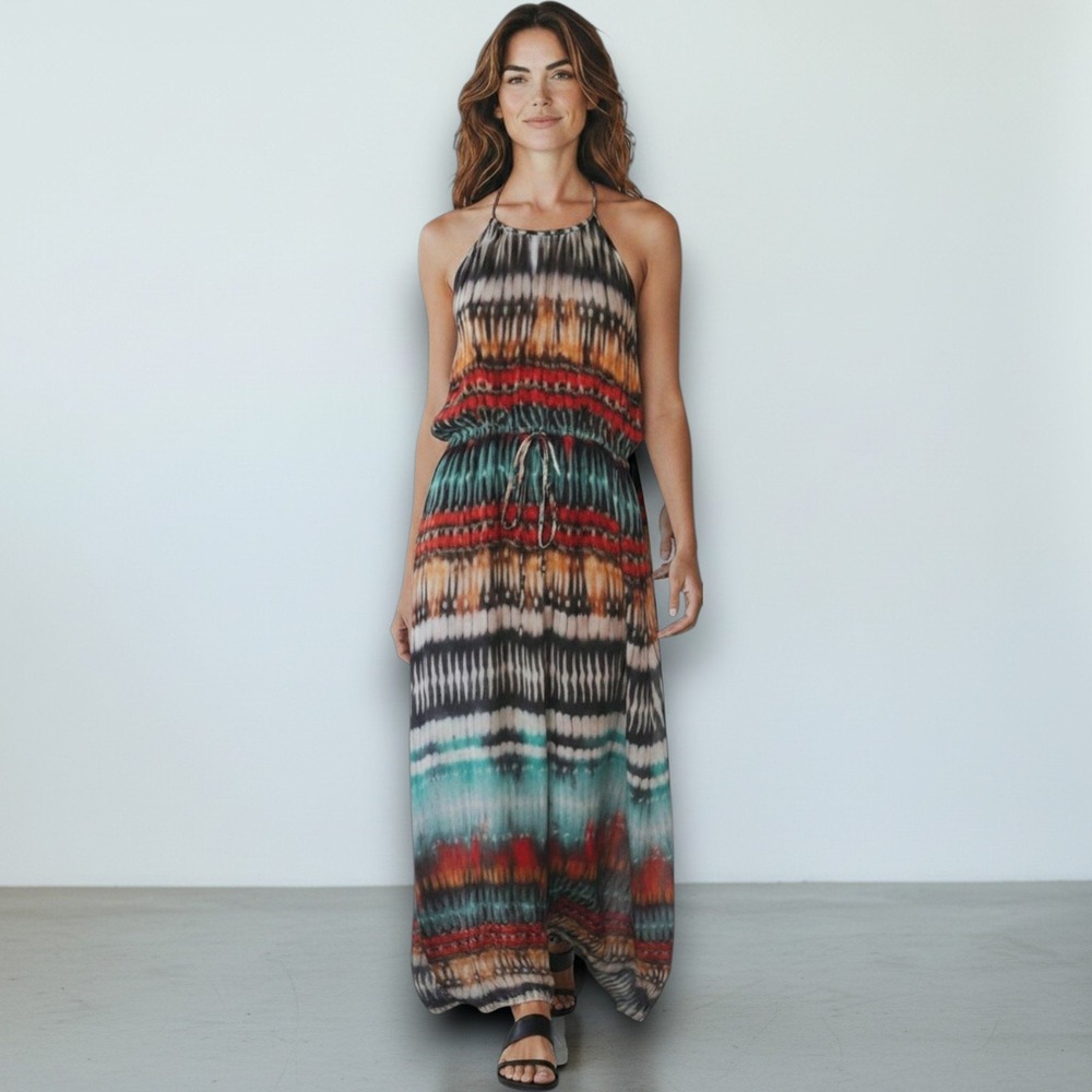 Sweet Storm Maxi Dress‎ Womens S Multicolor Halter Boho Ikat Tribal Summer Boho